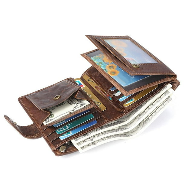 Cartera de material cuero para hombres Cartera plegable de material cuero artesanal y elegante con solapa central Ventana de identificación Cartera de capacida café