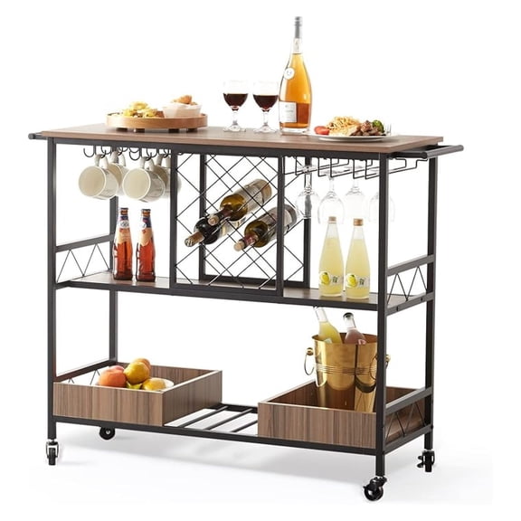 Bar Cart, Home Serving Cart, 3 Tiers 300 LBS Industrial Rolling Beverage Station on Lockable Wheels, Mobile Alcohol Drink Cart with Removable Tray Wine Rack Glass Holder for Kitchen Dining Room