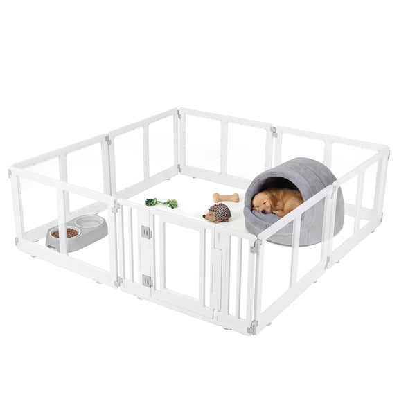 Gymax Clear Dog Playpen Transparent Pet Fence w/Door & Double Safety Locks 8 Panels White