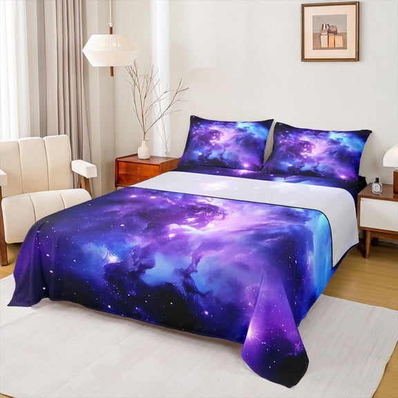 Homewish Galaxy Starry Sky Bed Sheets,Gradient Purple Blue King Sheets,Universe Theme Sheet Set For Kids,Ultra Soft Home Decor,4 Pieces