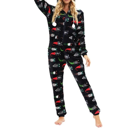 

Women Christmas Fleece Onesie Hooded Jumpsuit Pajamas Long Sleeves Zipper Flannel Hooded Romper Bodysuit Homewear