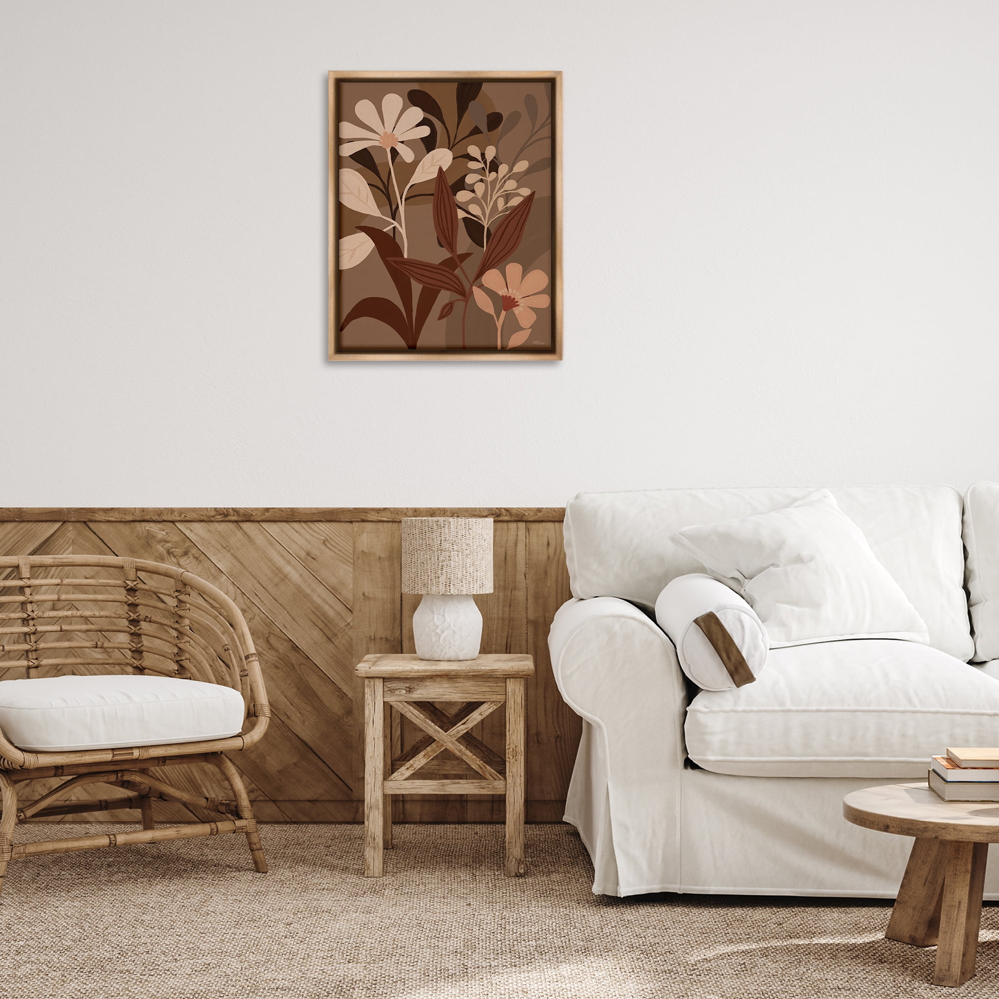 Stupell Industries Muted Boho Botanicals Plants & Flowers Painting Brown Floater Framed Canvas Art Print Wall Art, 25 x 31