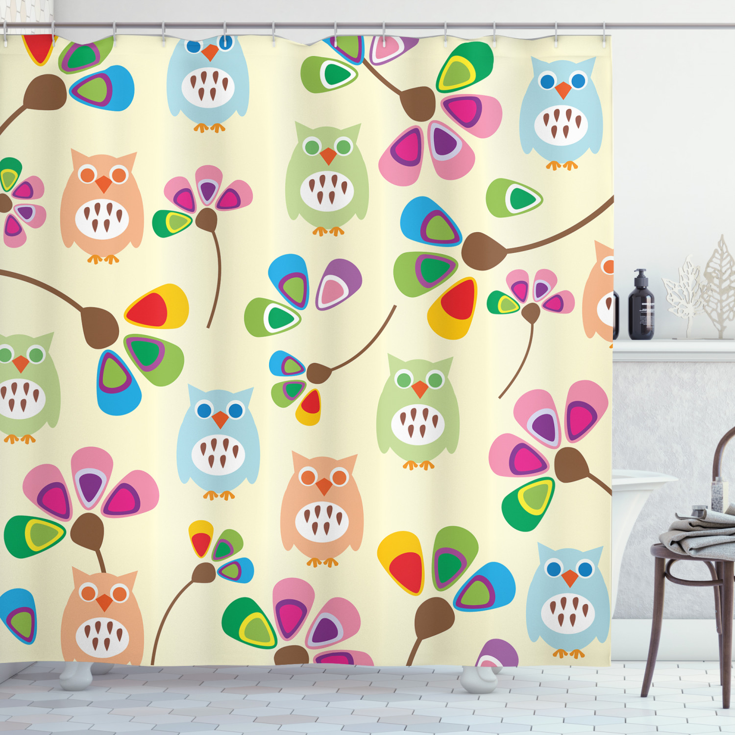 Cartoon Shower Curtain, Cute Design Owls with Flowers Leaves Branches