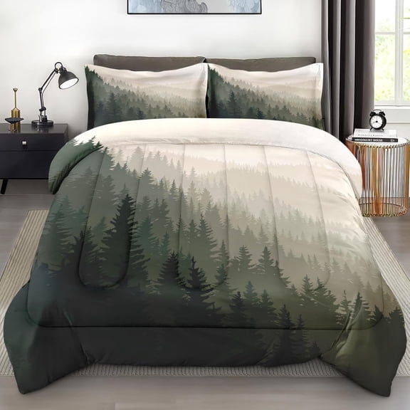 Comforter Set Queen Size, Mountain Pine Tree Soft 3 Pcs Bedding for Kids and Adults Natural Forest Landscape Comforter Set with 2 Pillowcases, for Bedroom Bed Decor