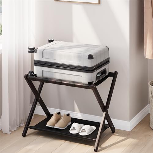 Luggage Rack, Folding Luggage Rack for Guest Room, Brown Bamboo Suitcase Stand Holds up to 131 lb, Luggage Stand with Storage Shelf for Hotel, Bedroom (1 Pack)