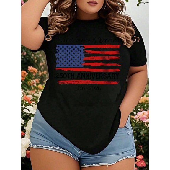 USA 250th Anniversary American Flag T-Shirt Retro Patriotic 1776-2026 Semiquincentennial Women's Plus Size Short Sleeve Graphic Tee Vintage Distressed Style Top