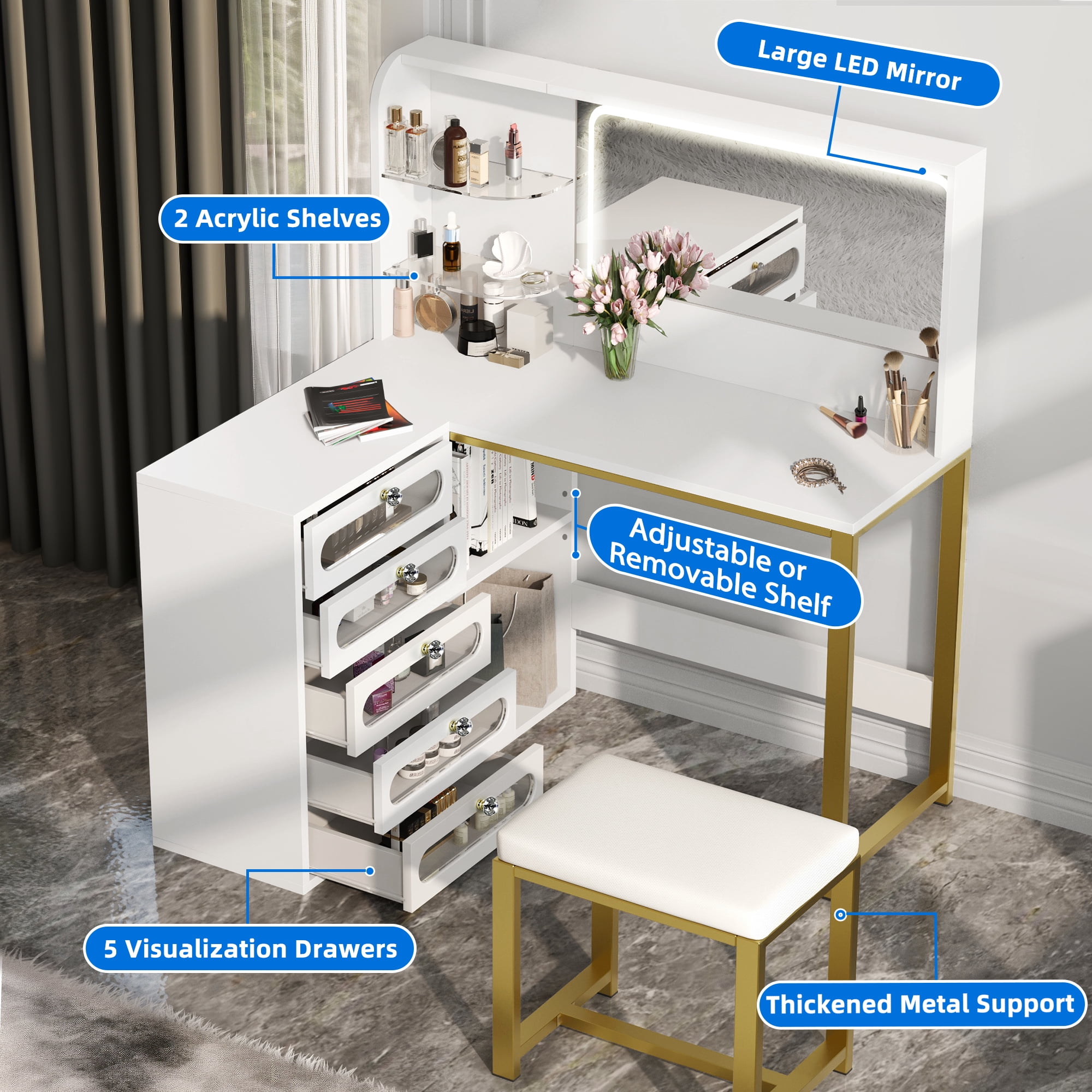 Dextrus Vanity Table Set with Mirror and LED Light, L Shaped Modern Makeup Vanity Dressing Table, 5 Visualized Drawers and Storage Shelves for Bedroom, Gold Corner Vanity Desk for Women Girls,White