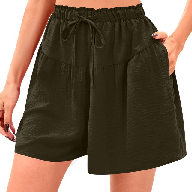Ovticza Womens Linen Shorts 2025 Summer Drawstring Ruffle Elastic High Waist Solid Color Casual Beach Shorts with Pockets Green L