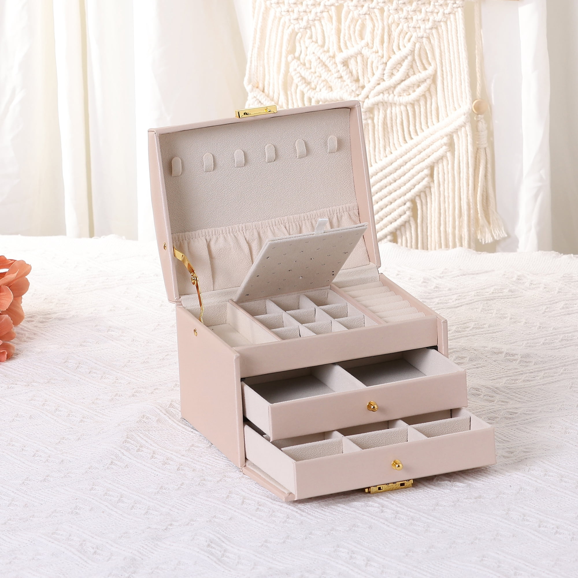 Unique Bargains 3 Layer Jewelry Box PU Leather Jewelry Organizer Case with Drawer Pink