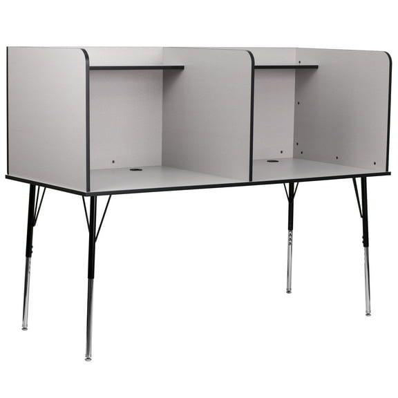 Flash Furniture Michael Stand-Alone Double Study Carrel with Top Shelf - Height Adjustable Legs and Wire Management Grommet - Nebula Grey Finish