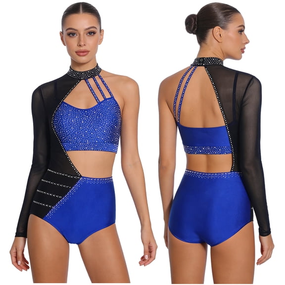 Sholeno Womens Sparkly Jazz Latin Dance Competition Leotard One Long Sleeve Gymnastics Skating Jumpsuit Royal Blue L
