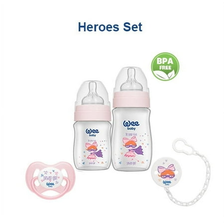 Wee Baby Heroes Newborn Baby Bottle Feeding Starter Gift Set, Soother, Soother Chain, Breast-Like Nipple for Natural Latch, Anti-Colic Features, BPA Free, Pink/Girls, 4-Count