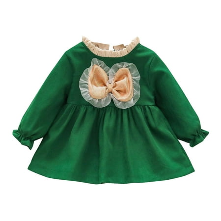 

Little Girl Dress Toddler Kids Baby Girls Long Ruffled Sleeve Patchwork Bowknot Princess Outfits