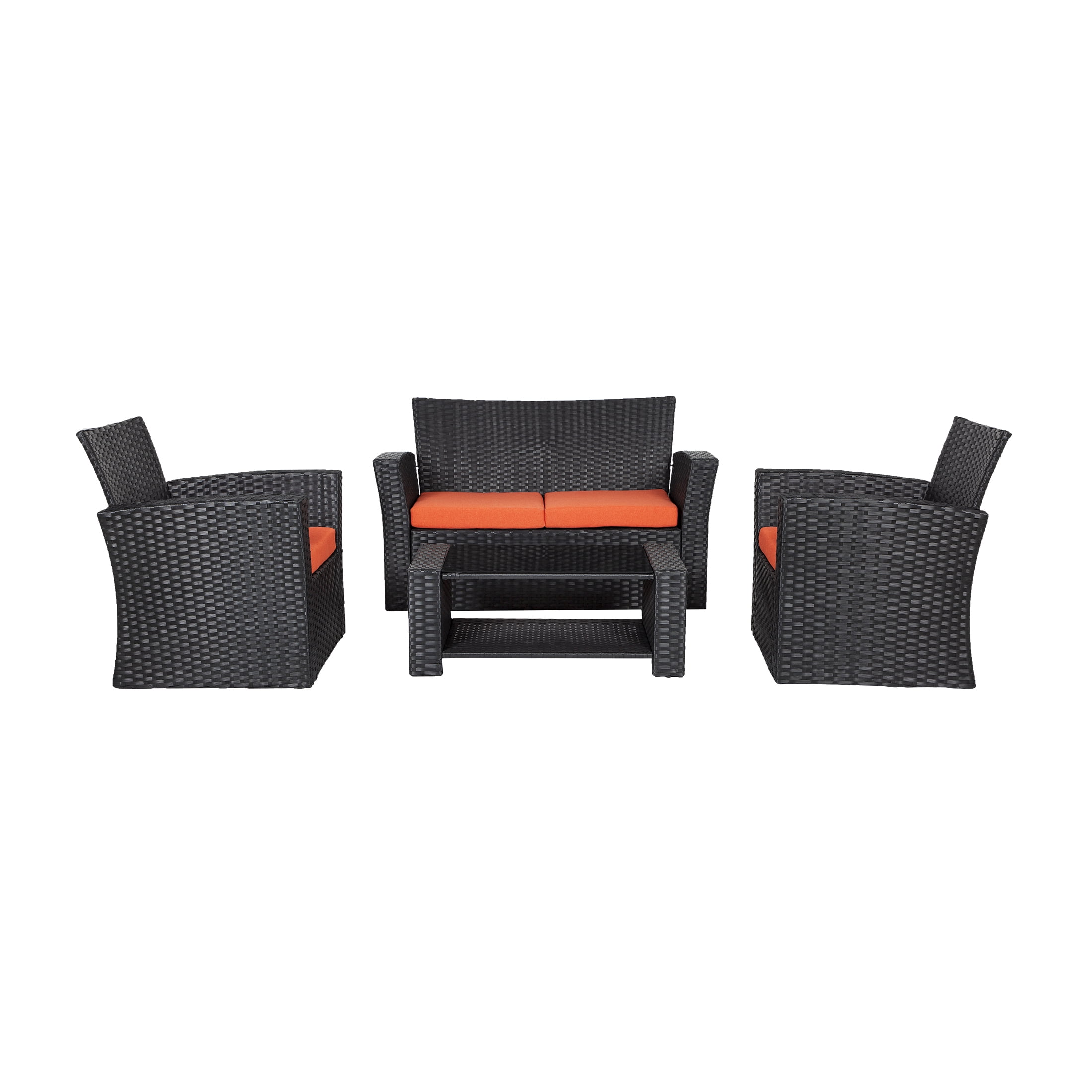 4-Piece Outdoor Patio Conversation Sofa Set with Cushions, Black/Orange