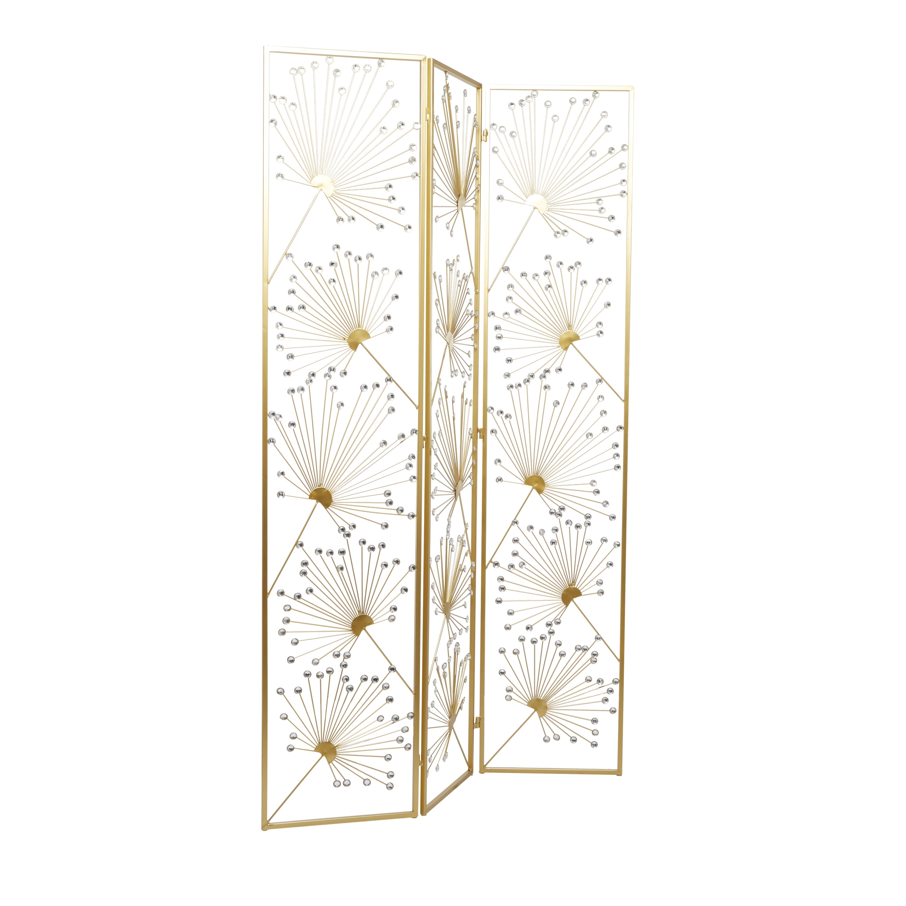 DecMode 46" x 71" Gold Metal Floral Hinged Foldable Partition 3 Panel Room Divider Screen with Crystal Embellishments, 1-Piece
