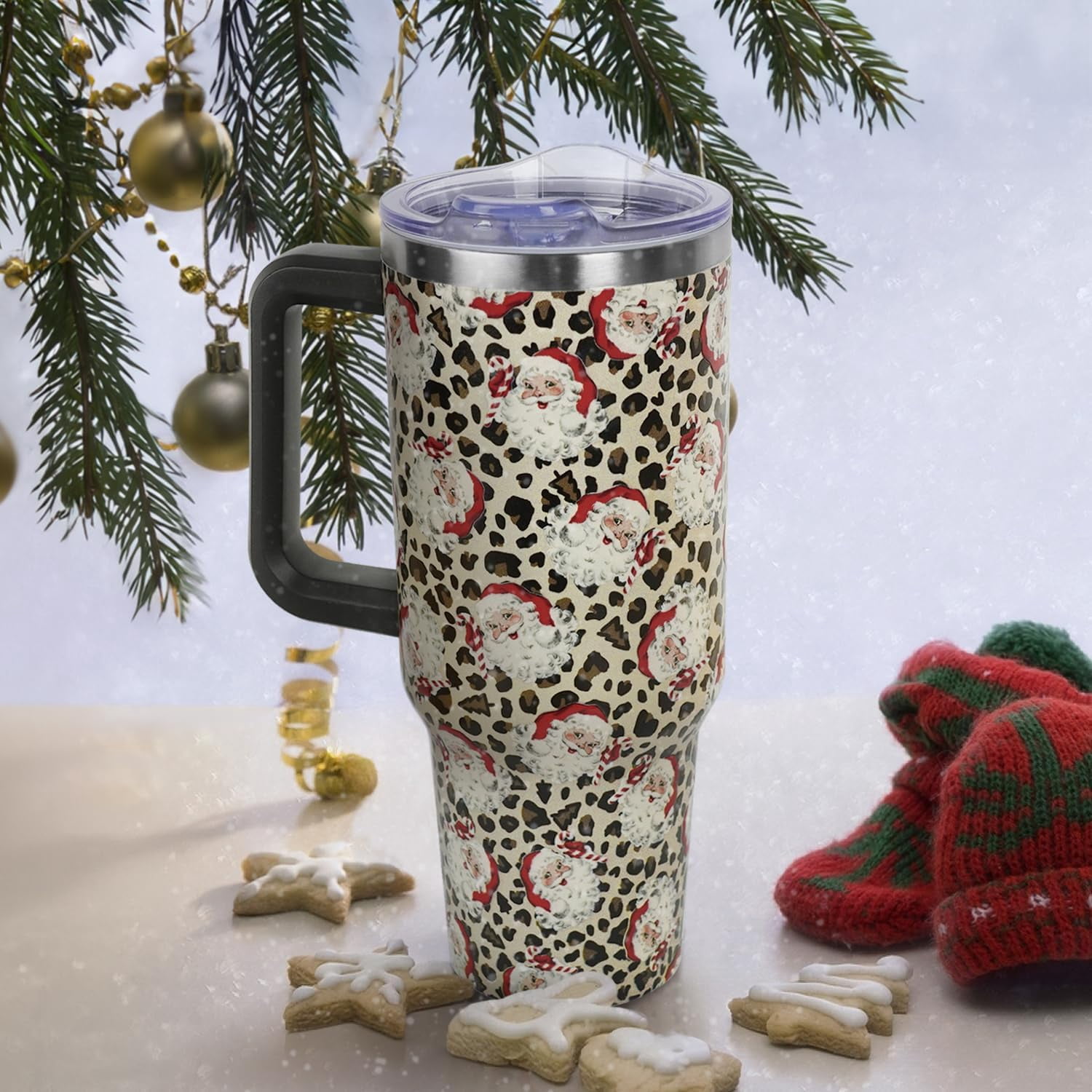 Christmas Santa Leopard Tumbler with Handle and Straw Lid 40 oz,Cute Christmas Gifts for Women Vacuum Insulated Leak Proof Tumbler,Winter Holiday Accessories Stainless Steel Coffee Cup Mug