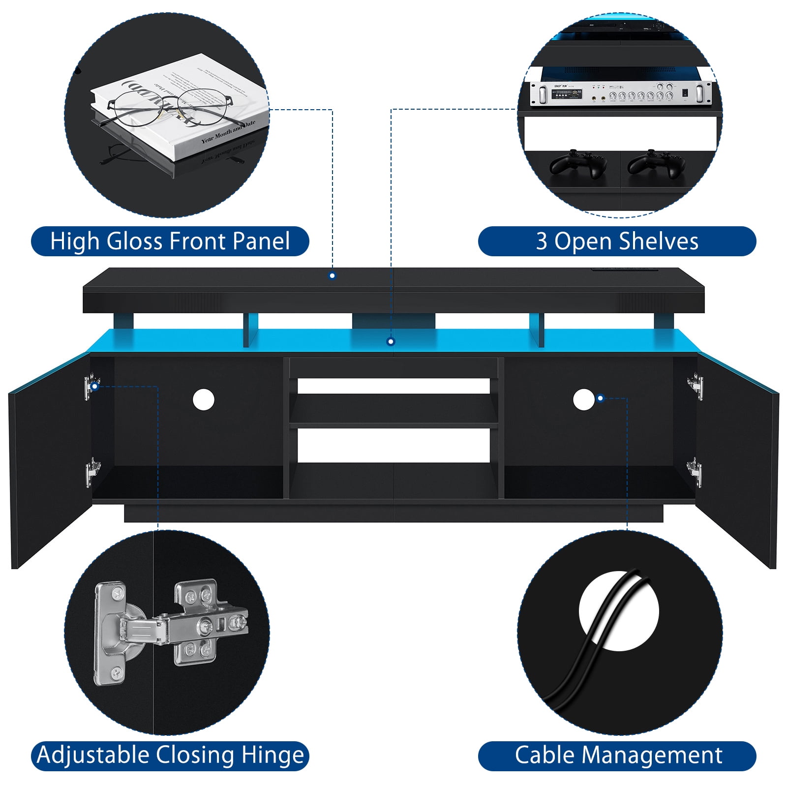 Hommpa LED TV Stand for TVs up to 70" with Power Outlets Modern Entertainment Center High Gloss Large TV Cabinet Adjustable Shelf PS5 Storage Gaming Media Console