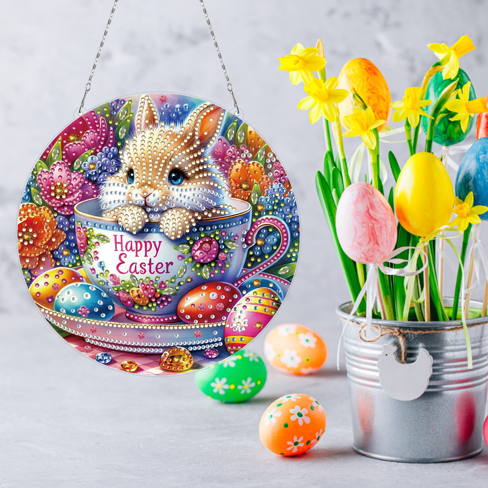 FLOPESN Circular Traditional-Style DIY Diamond Art Painting Pendant Easter Creative Design PET Material Home Decor Pendant
