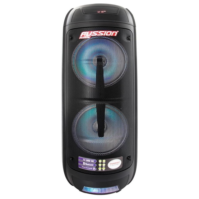 Bafle de 8 Pulgadas Fussion Acustic PBS-8X2001 negro con doble bocina tras rejilla metálica, luces LED, tecnología Bluetooth con sistema True Wireless Stereo, potencia real de 250W, entradas USB, micro SD, auxiliar y 6.3 mm para micrófono o guitarra, control remoto incluido, ideal para fiestas y reuniones, también usado como sistema de sonido estéreo portátil.