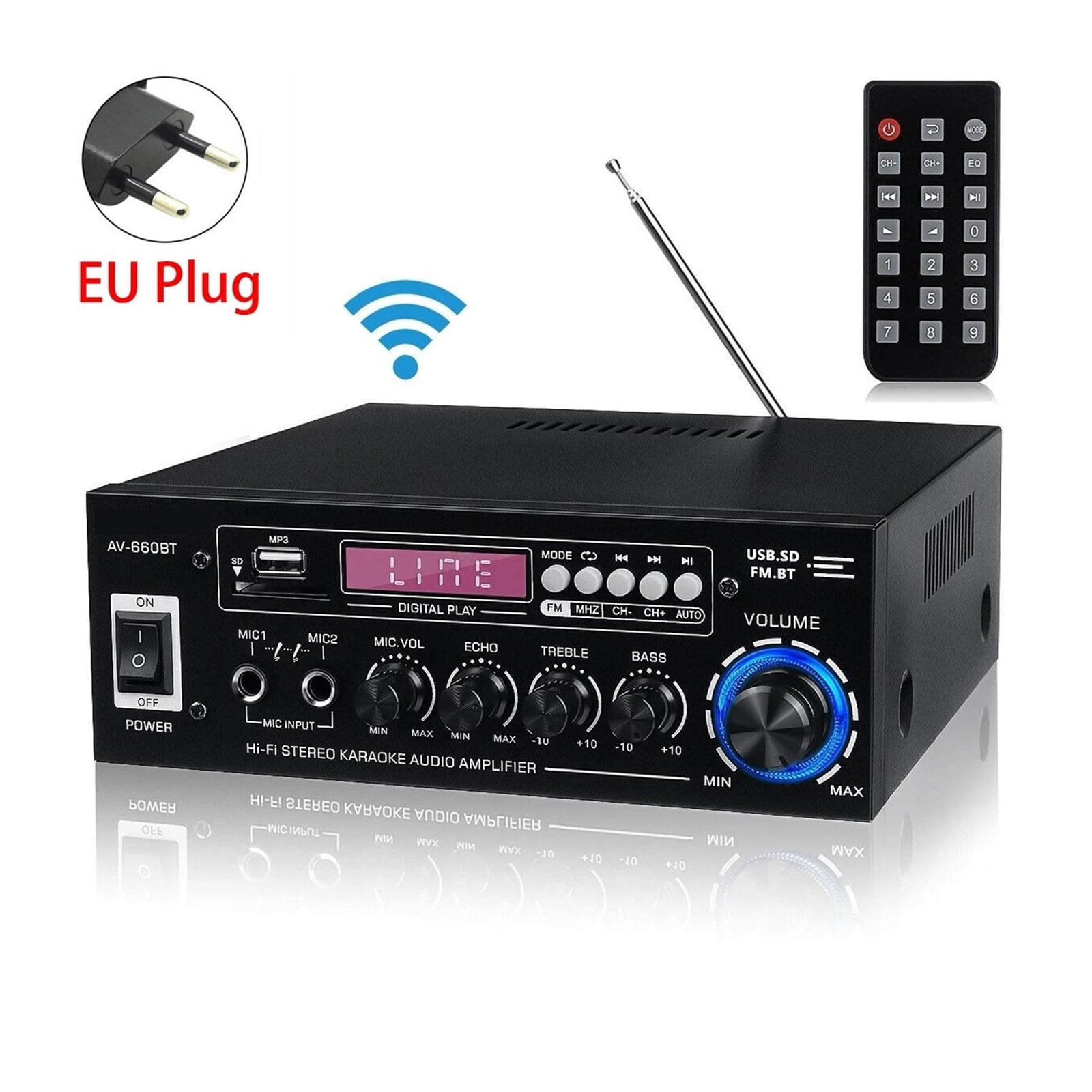 AV-660BT Sound Amplifier CH 2.1 Power Amplifiers For Home Car Meeting Theater AMP Support EQ FM USB SD Card 2 Mic Input