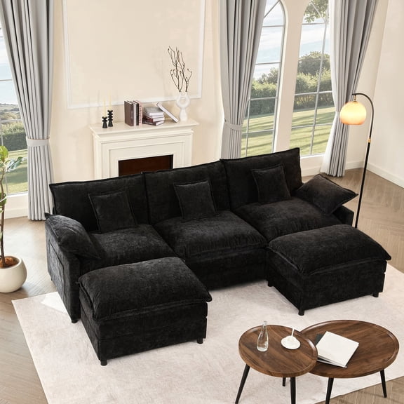Bigsyy 3 - Seat Sectional Sofa Couch, Comfy Cloud Style, Deep Seat, Sleeper Function with Throw Pillows. Ideal for Adult - Occupied Living Rooms, Modern Design, Cozy Chenille, Black