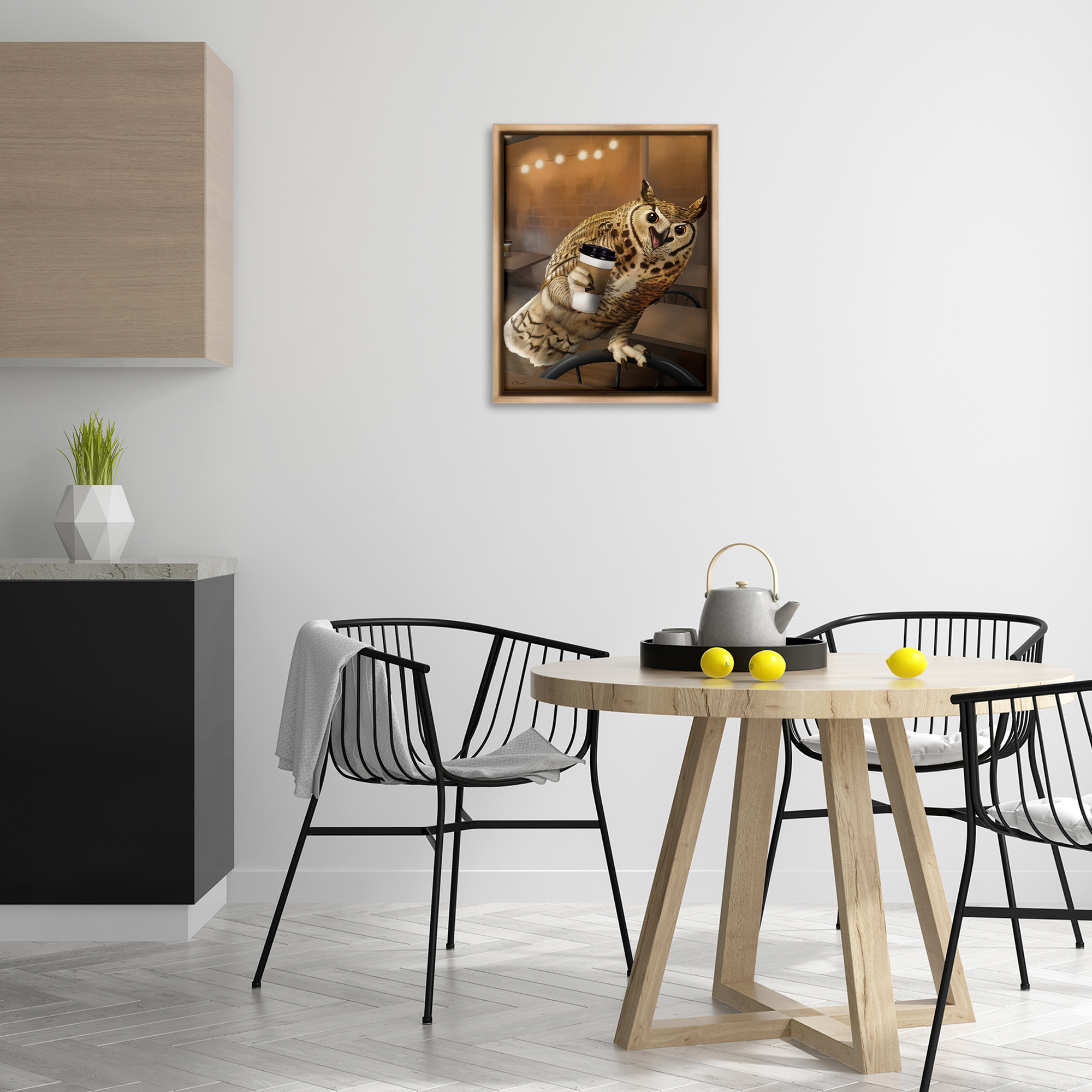 Stupell Industries Owl with Coffee Cup Food & Beverage Painting Brown Floater Framed Canvas Art Print Wall Art, 17 x 21