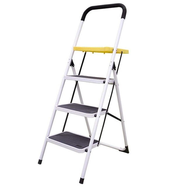 Stanz (TM) 3 Steps Steel Ladder with Tool Tray and Hand Grip, featuring a durable steel frame with a powder-coated finish to resist scratches and rust. This three-step ladder includes extra-wide, textured steps for secure footing and a convenient yellow project tray for holding tools, paint cans, or supplies. The ladder has a 300-pound weight capacity and a foldaway design for compact storage. Dimensions when open: 49 in. L x 18 in. W x 31 in. D; folded: 54.25 in. L x 19 in. W x 2.75 in. D.