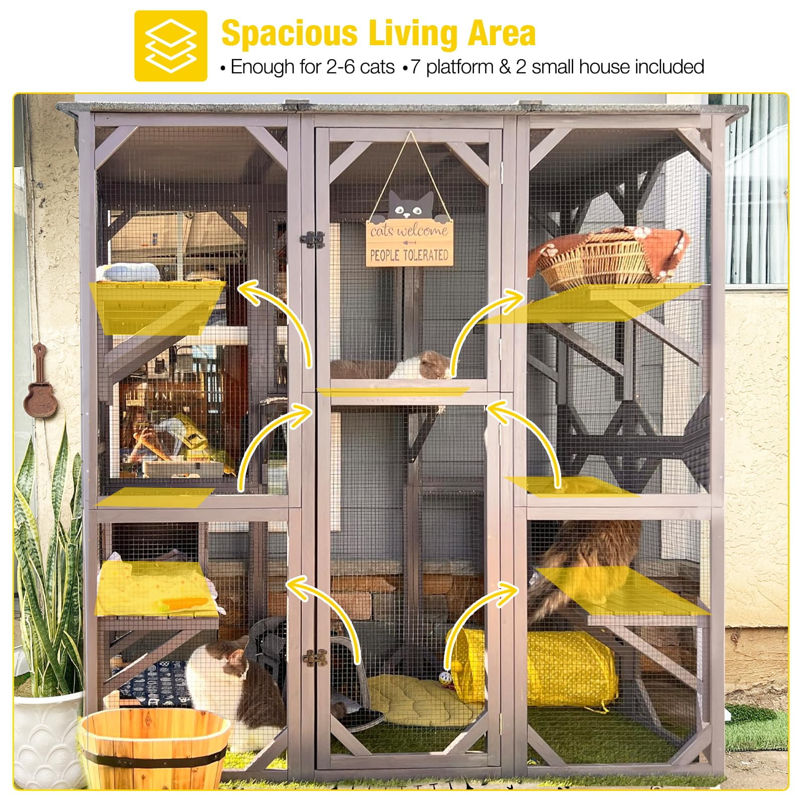 Aivituvin Cat House Outdoor Catio Kitty Enclosure with Super Large Enter Door,Wooden Cat Cage Condo Indoor Playpen with Platforms, 71 Inch