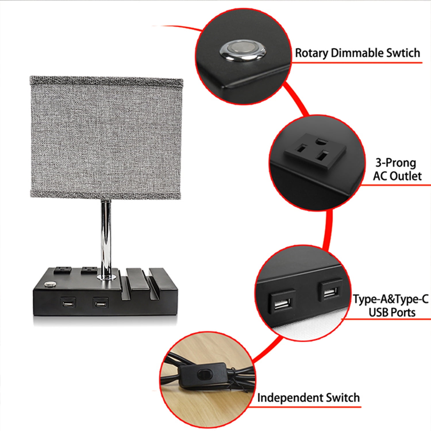 Kepooman Dimmable Table Lamp with 2 Phone Stands & Grey Fabric Shade for Bedroom Living Room Kepooman Dimmable Table Lamp with 2 Phone Stands & Grey Fabric Shade for Bedroom Living Room