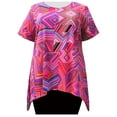 thumbnail image 1 of A Personal Touch Women's Plus Size Short Sleeve Round Neck Sharkbite Hem Pullover Top - Fuchsia Linear Geometric - 6X, 1 of 3