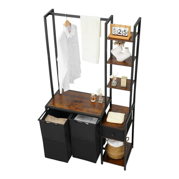 KFFKFF 3-Tier Laundry Organizer with Rack, Tall Hamper Featuring Shelves and Drawers, Freestanding Storage Unit with Durable 600D Oxford Cloth Bags and Ladder Shelves for Sorting Dirty Clothes