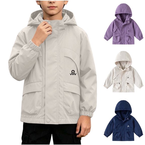 MexChoioe Kids Full Zip and Snap Button Hooded Rain Jacket Long Sleeve with Utility Pockets Water Resistant Holiday Outdoor Playwear Windbreaker for Boys