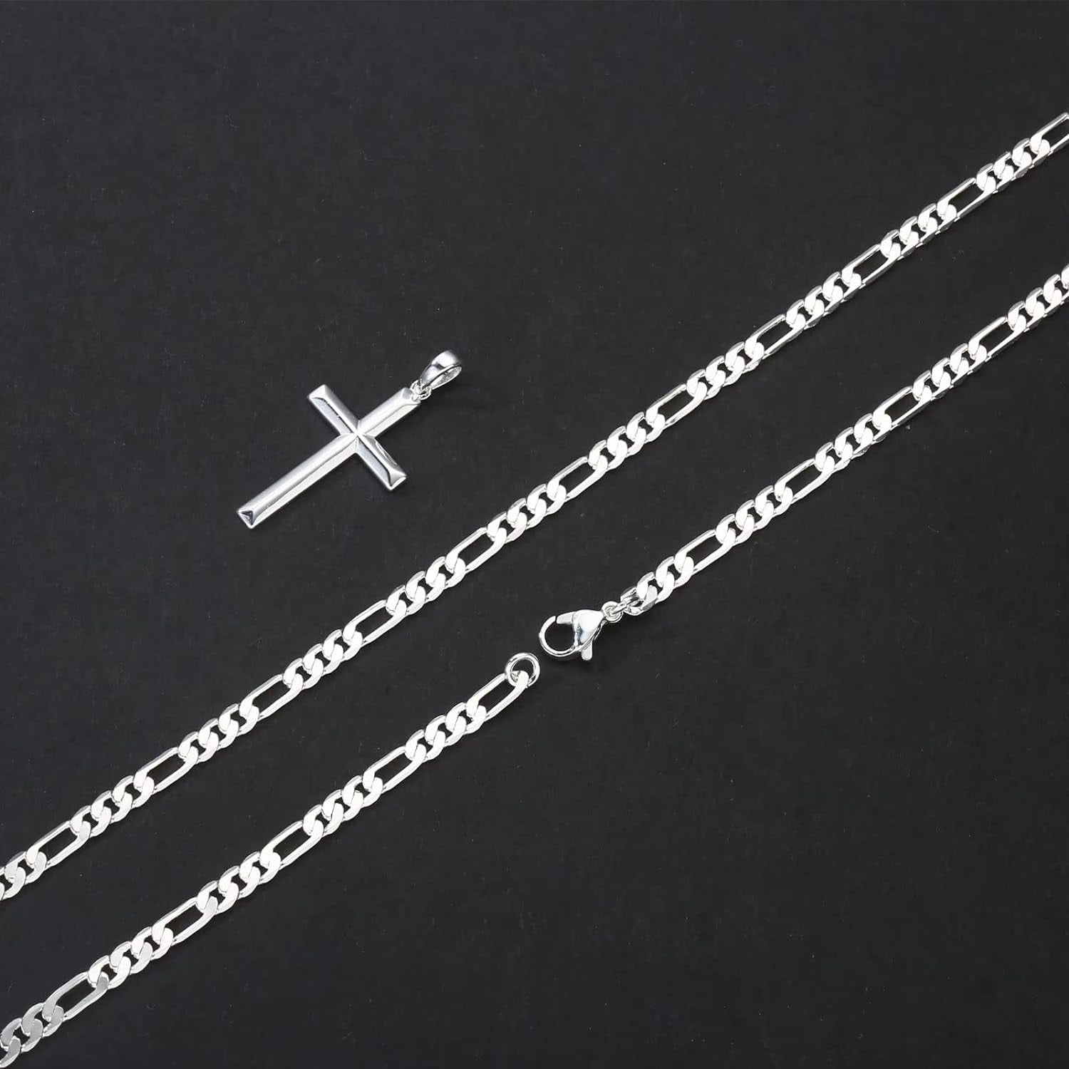 Miren S925 Sterling Silver Cross Pendant Cross Necklace for Men, Mens Cross Necklace 18K Gold Plated Silver Black Figaro Chain Necklace for Men Women 16 18 20 22 24 Inch Cross Necklace