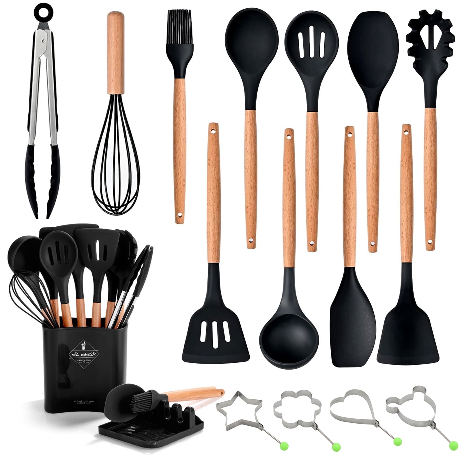 KABB Silicone Wooden Handle Heat Resistant Non-Stick Safe BPA Free Black Kitchen Utensil Set,Safe,Contour Pillow For Neck Pain, Contoured Pillow With Grey Pillow Case