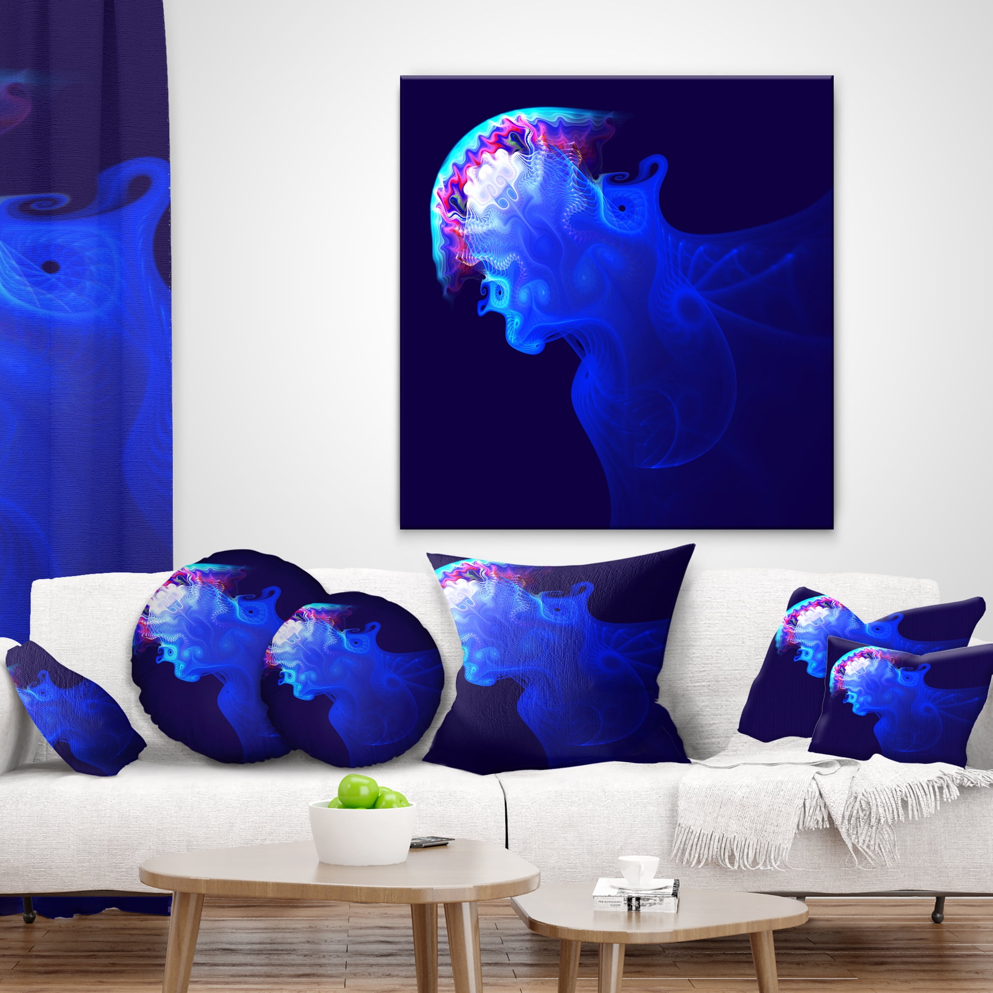 Designart Blue Jellyfish in Ocean - Animal Throw Pillow - 16x16