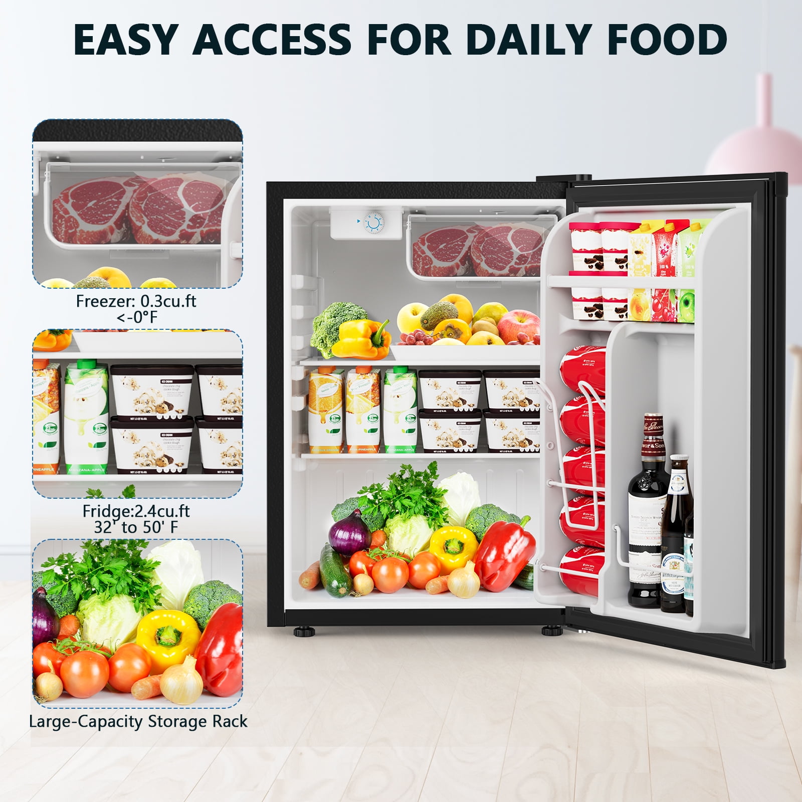 KNDKO 2.6 Cu.ft Mini Fridge with Freezer, Energy Efficient Compact Refrigerator with Reversible Single Door, Removable Glass Shelves for Office, Dorm, Bedroom, Apartment, Black