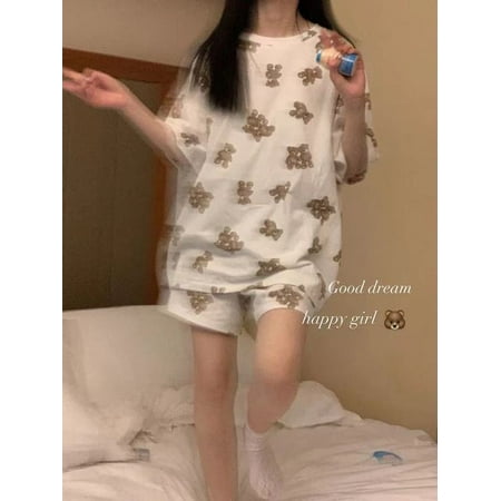 

CoCopeaunt New Style Pajamas Womens Summer Short Sleeve Shorts Two Piece Suit Thin Student Spring Summer Net Red Home Clothes