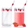 thumbnail image 1 of Vasos de Vidrio de 300 ml con pajita Timcorr transparentes con patrones de fresa, 1 of 7