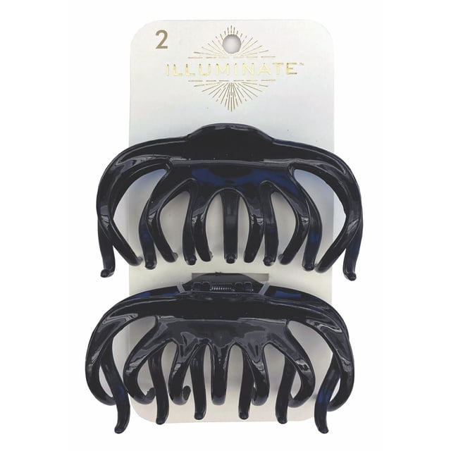 2PC JUMBO BLACK WIDE CLAW CLIPS showing two large black plastic hair claw clips with wide curved teeth on a white ILLUMINATE branded card, designed for securing thick or long hair and suitable as a versatile hair styling accessory.