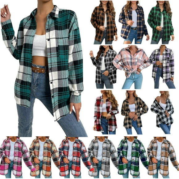 DDAPJ pyju Women's Button Down Plaid Shirt on Clearance, Casual Flannel Shacket Long Sleeve Lapel Collar Cardigan Tops Boyfriend Loose Casual Outwear Fall Fashion 2024
