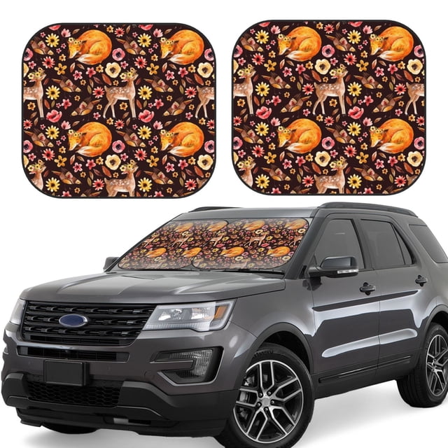 Fotbe Woodland Creatures Floral Juego de 2 Piezas de Parasoles para Parabrisas | Bloqueador Solar para Auto | Accesorios Plegables para Protección Solar Interior-Medium