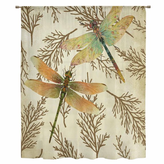 Vintage Dragonfly Sheer Curtains 84 Inches Long, Vintage Brown Tree Branch Light Filering Curtains, Breathable Simi Curtain Privacy Drapes for Living Room Bedroom Lightweight Window Treatment