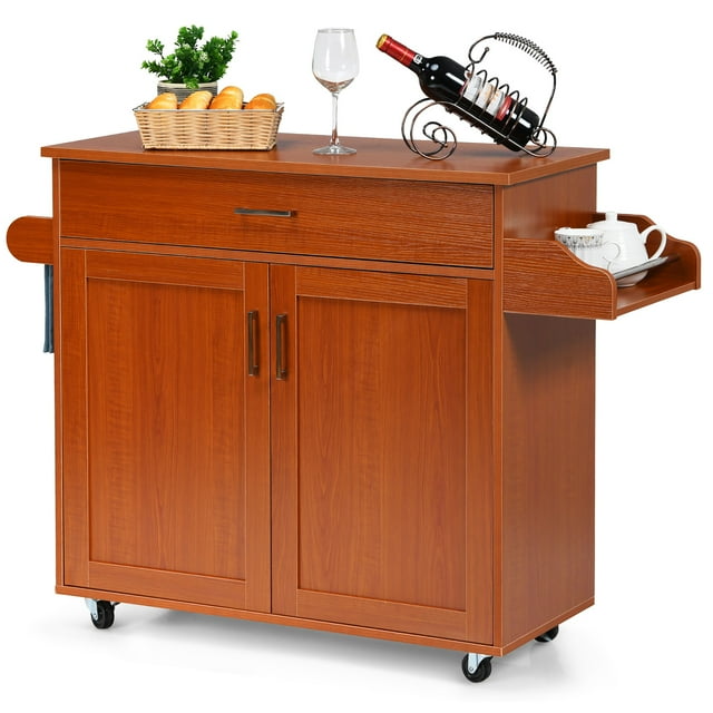 Costway Îlot de Cuisine Roulant Chariot Armoire de Rangement avec Porte-Serviettes et Porte-Épices Cerisier