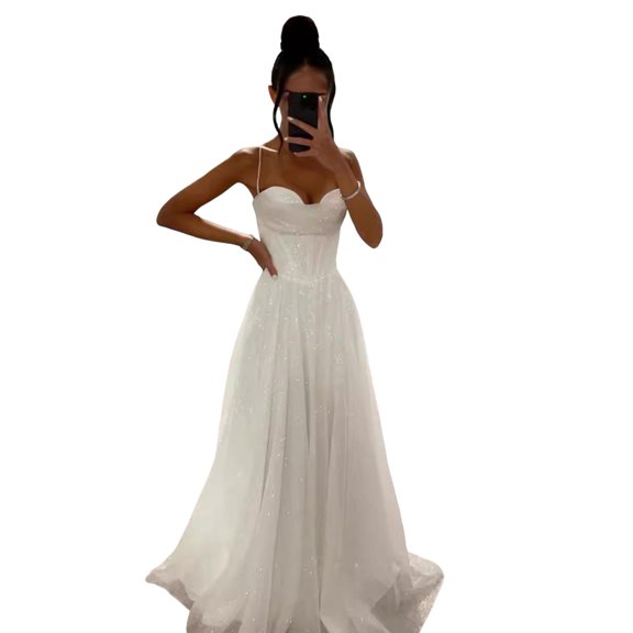 Quixlent Bridal Wedding Dress Prom Party Evening Dress Backless Spaghetti Strap Sequin Sleeveless A-line Floor Length Ball Gown Pleated Low-cut Cocktail Dress