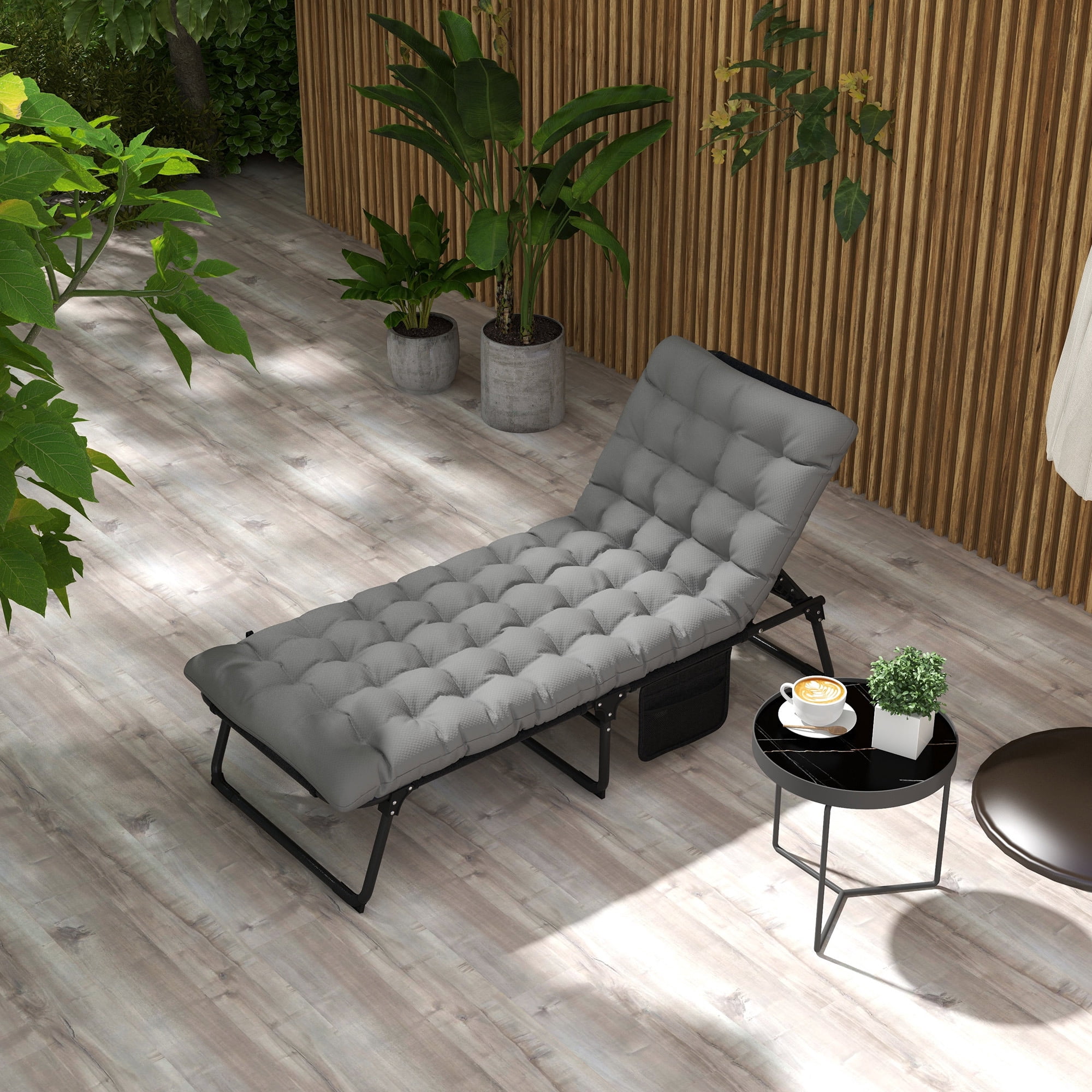 Outdoor Chaise, Adjustable Folding Chaise Lounge with 4-position Backrest, Magazine Pocket,