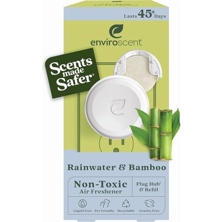 Non Toxic Air Freshener (Rainwater & Bamboo) Plug-in Home Fragrance Last 45+ Days | Kit includes 1 Refillable Plug In Warmer & 1 Scent Refill