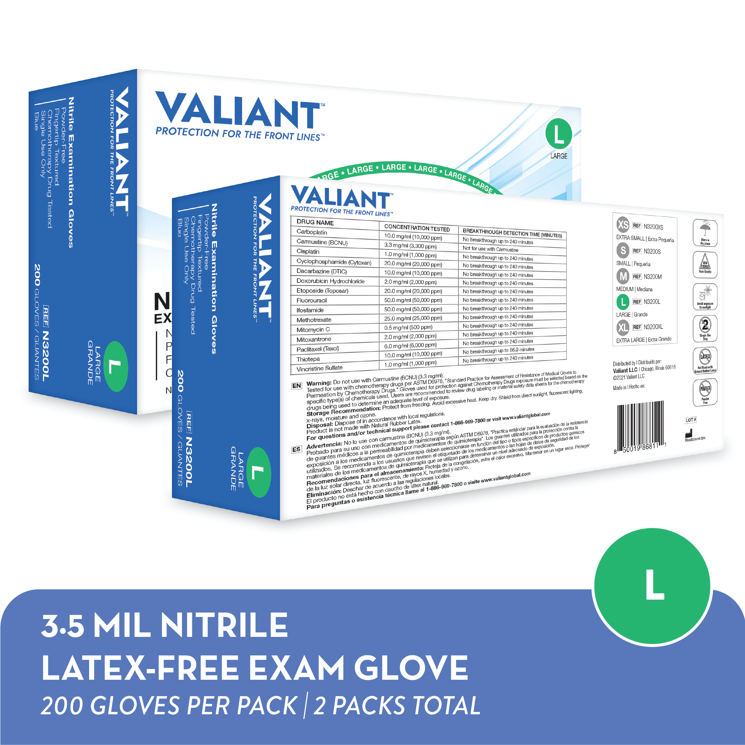 Valiant N3200 Nitrile Exam Gloves, Single Use Only, Fingertip Textured, Cornflower Blue, Large, 200 Per Box, 2 Boxes