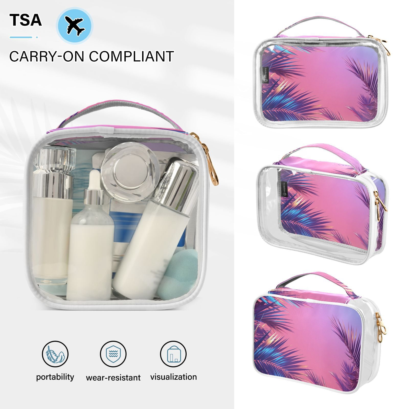 Clear Makeup Bags with Handle Large Opening 2 Pack Set Toiletry Bag Quart Size Bag, for Women Man Traveling Travel Essentials, Toiletries and Other. Neon Color Tropical Plant