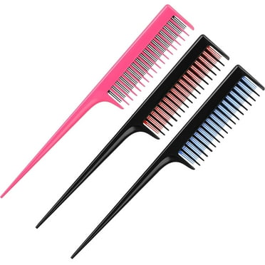 3 Piece Triple Teasing Comb Rat Tail Tool and Structure Tease Layers Rattail for Women Back Combing Root Adding Volume Evening Styling (Black Red, Black Blue, Pink Black)