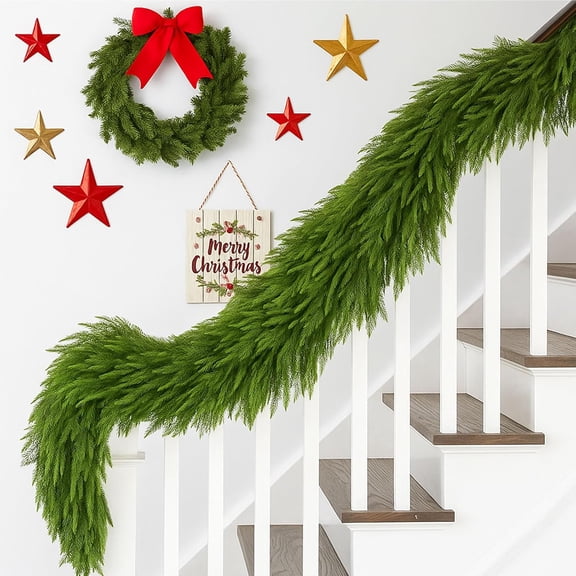 Guvpev 6FT Artificial Norfolk Pine Christmas Garland, Real Touch Winter Cypress Greenery Garland, Realistic Faux Green Cedar Garland for Mantel, Doors, Table, Wall, Windows, Indoor/Outdoor Xmas Decor